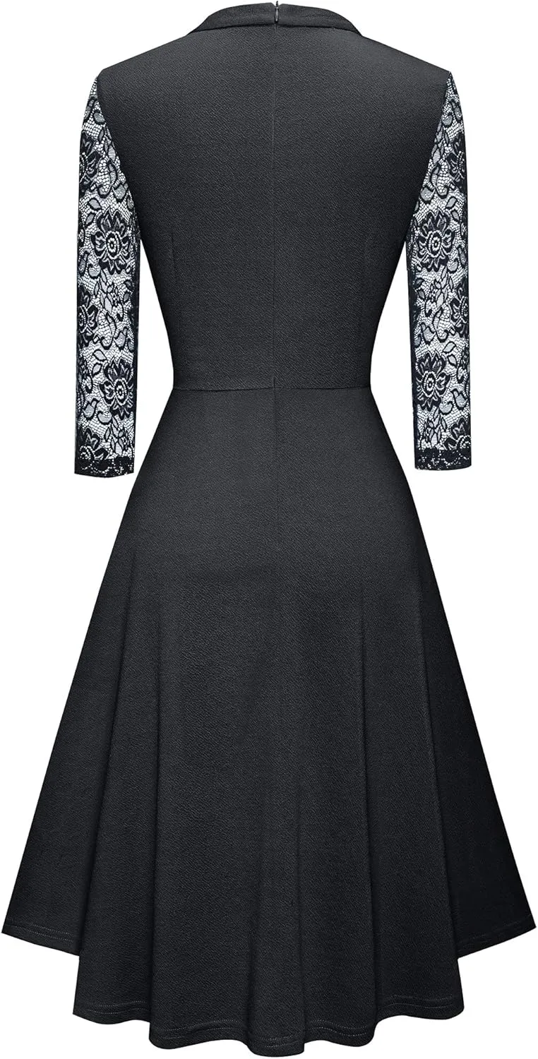 HOMEYEE Women's Round Neck Hollow Out Lace Patchwork Retro Party Dresses A234
