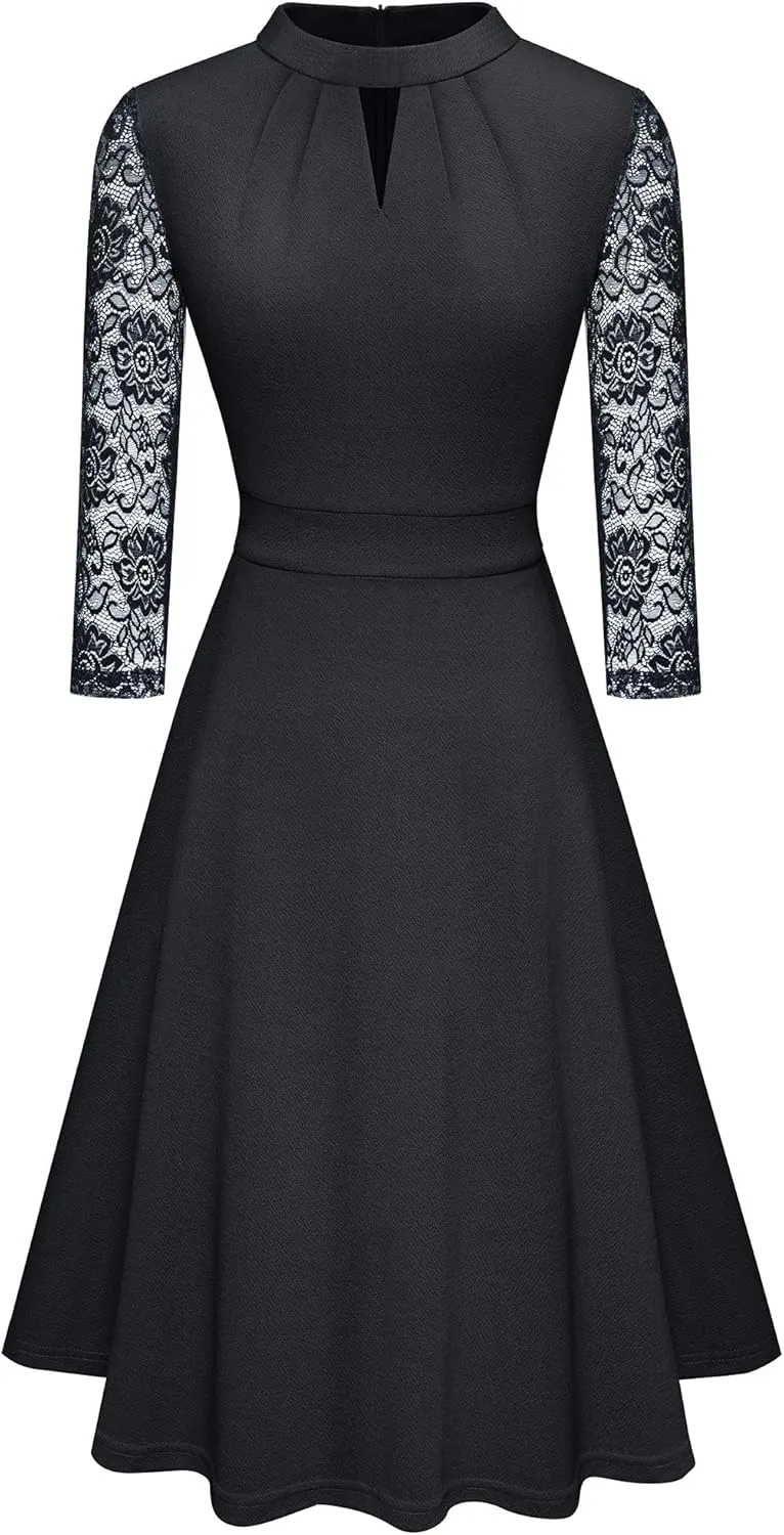 HOMEYEE Women's Round Neck Hollow Out Lace Patchwork Retro Party Dresses A234