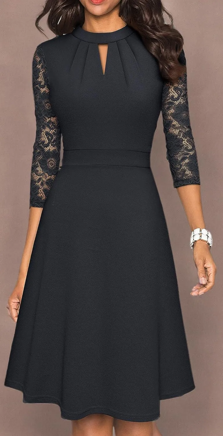 HOMEYEE Women's Round Neck Hollow Out Lace Patchwork Retro Party Dresses A234