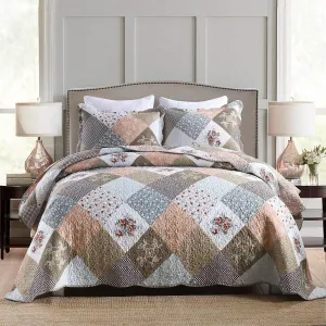HoneiLife Quilt Set Twin Size - 2 Piece Microfiber Quilts Reversible Bedspreads Patchwork Coverlets Floral Bedding Set All Season Quilts with Geometric and Little Rose Print Pattern，Coffee