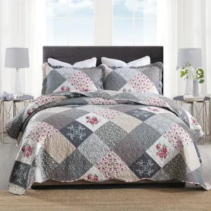 HoneiLife Quilt Set Twin Size - 2 Piece Microfiber Quilts Reversible Bedspreads Patchwork Coverlets Floral Bedding Set All Season Quilts with Geometric and Little Rose Print Pattern，Grey