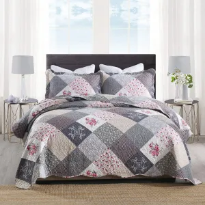 HoneiLife Quilt Set Twin Size - 2 Piece Microfiber Quilts Reversible Bedspreads Patchwork Coverlets Floral Bedding Set All Season Quilts with Geometric and Little Rose Print Pattern，Grey