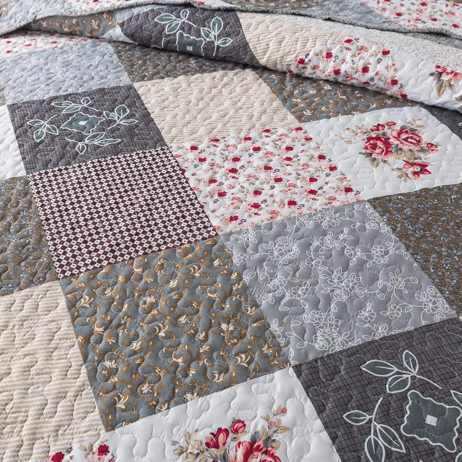 HoneiLife Quilt Set Twin Size - 2 Piece Microfiber Quilts Reversible Bedspreads Patchwork Coverlets Floral Bedding Set All Season Quilts with Geometric and Little Rose Print Pattern，Grey