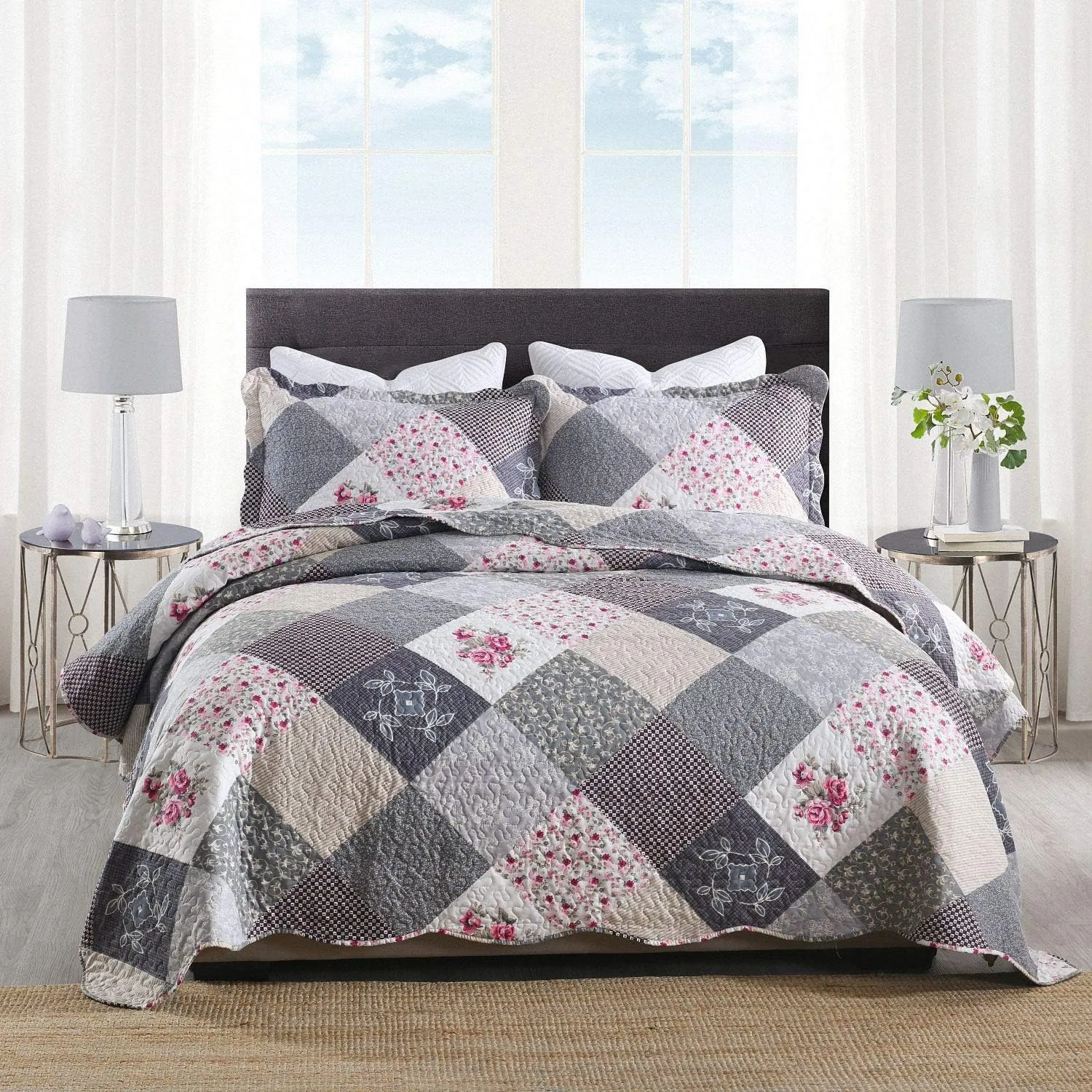 HoneiLife Quilt Set Twin Size - 2 Piece Microfiber Quilts Reversible Bedspreads Patchwork Coverlets Floral Bedding Set All Season Quilts with Geometric and Little Rose Print Pattern，Grey