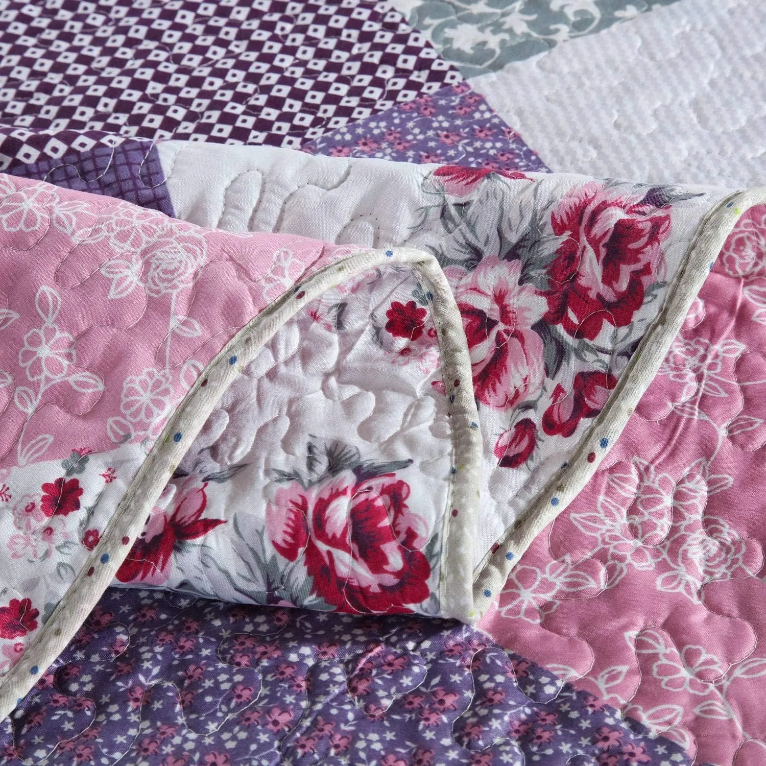 HoneiLife Quilt Set Twin Size - 2 Piece Microfiber Quilts Reversible Bedspreads Patchwork Coverlets Floral Bedding Set All Season Quilts with Geometric and Little Rose Print Pattern，Purple