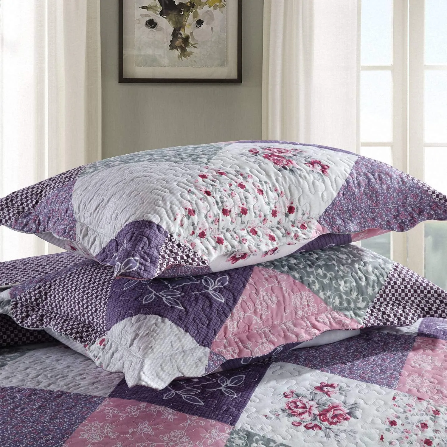 HoneiLife Quilt Set Twin Size - 2 Piece Microfiber Quilts Reversible Bedspreads Patchwork Coverlets Floral Bedding Set All Season Quilts with Geometric and Little Rose Print Pattern，Purple
