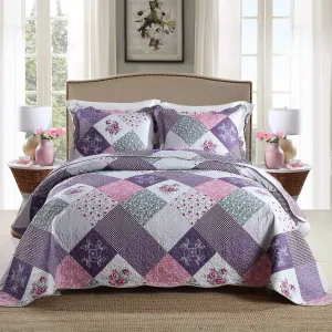 HoneiLife Quilt Set Twin Size - 2 Piece Microfiber Quilts Reversible Bedspreads Patchwork Coverlets Floral Bedding Set All Season Quilts with Geometric and Little Rose Print Pattern，Purple