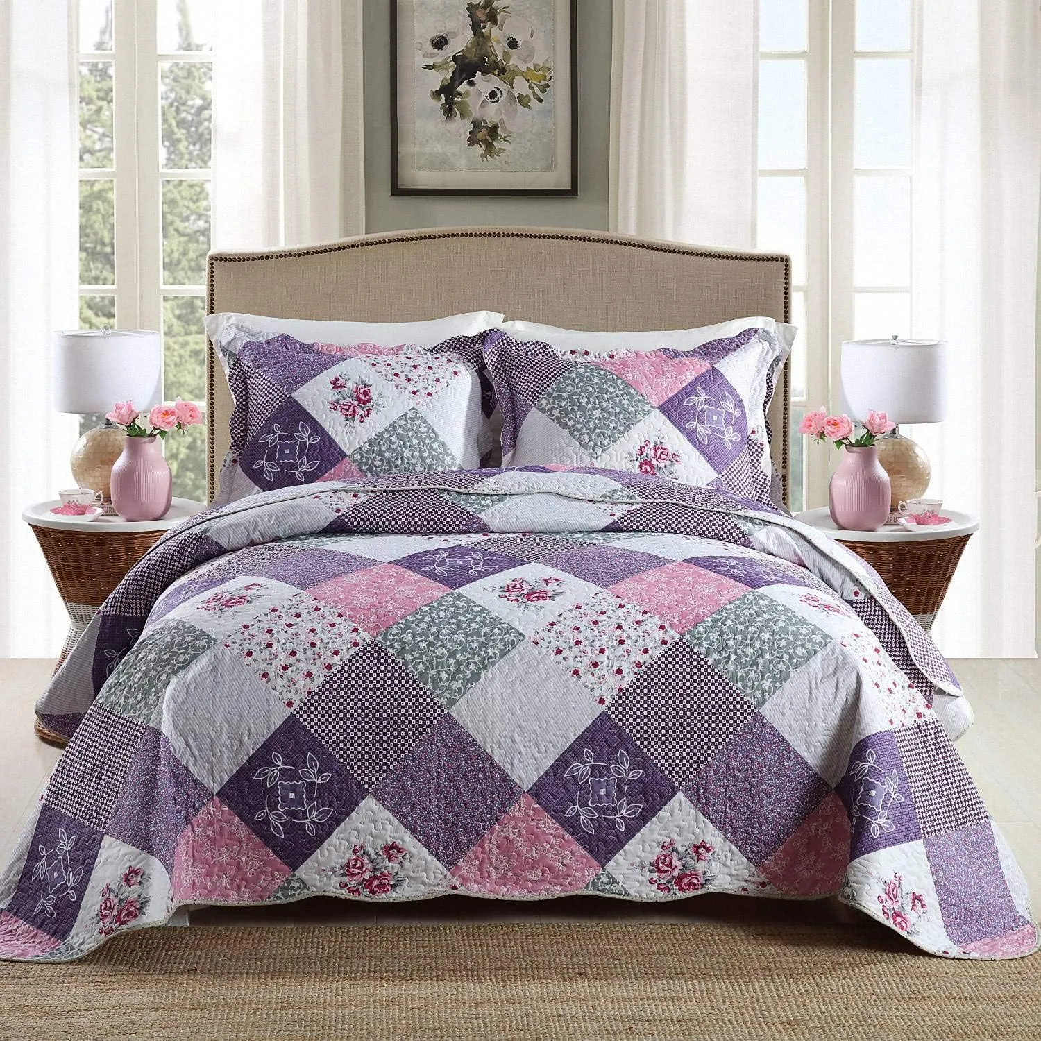 HoneiLife Quilt Set Twin Size - 2 Piece Microfiber Quilts Reversible Bedspreads Patchwork Coverlets Floral Bedding Set All Season Quilts with Geometric and Little Rose Print Pattern，Purple