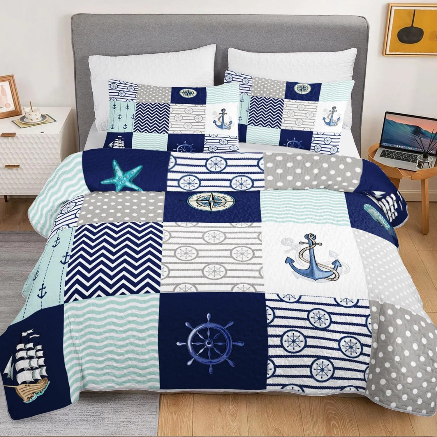 HOSIMA Nautical Quilts Queen Size,Plaid Patchwork Ocean Themed Bedding Sailboat and Anchor Print Coastal Bedding for Bedroom Nautical Decor,Navy Blue with 2 Pillowcases.
