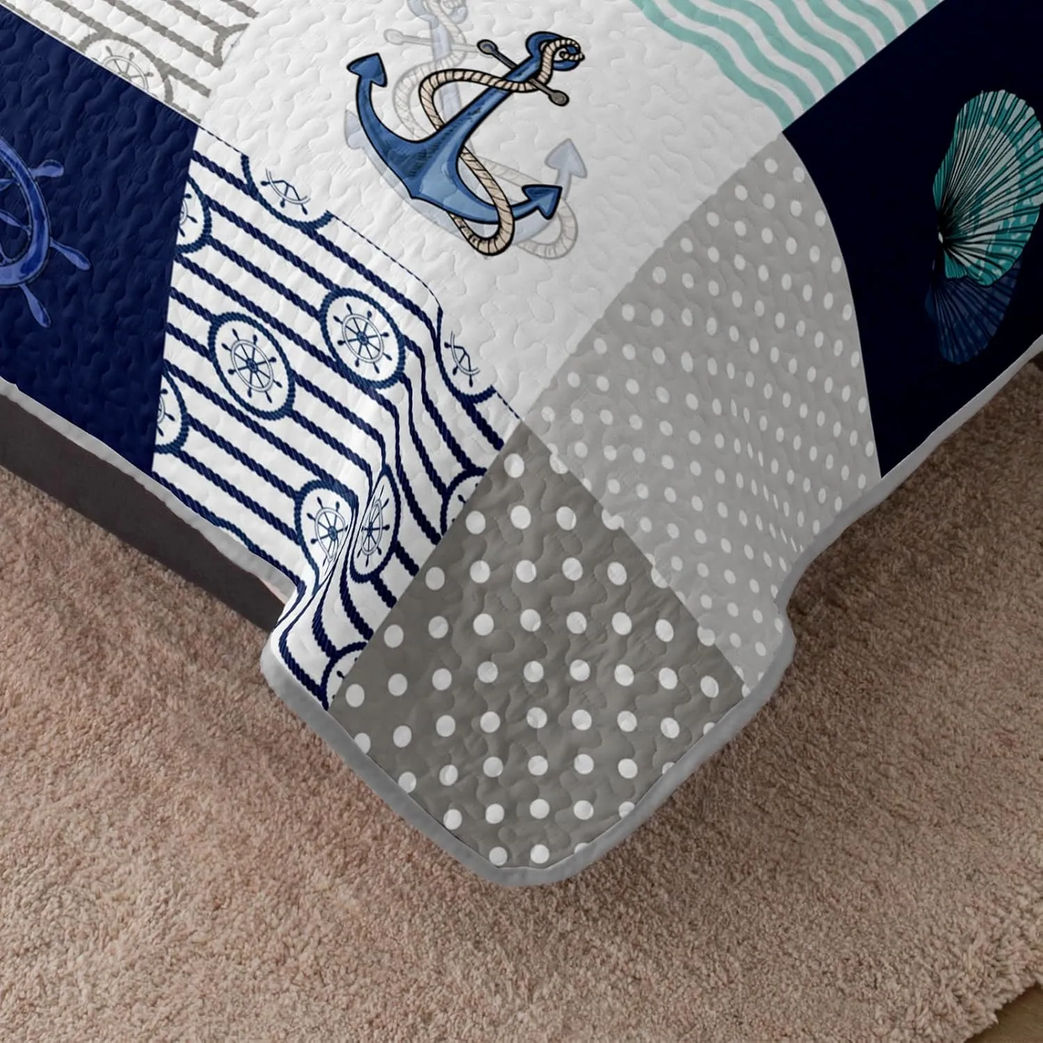 HOSIMA Nautical Quilts Queen Size,Plaid Patchwork Ocean Themed Bedding Sailboat and Anchor Print Coastal Bedding for Bedroom Nautical Decor,Navy Blue with 2 Pillowcases.