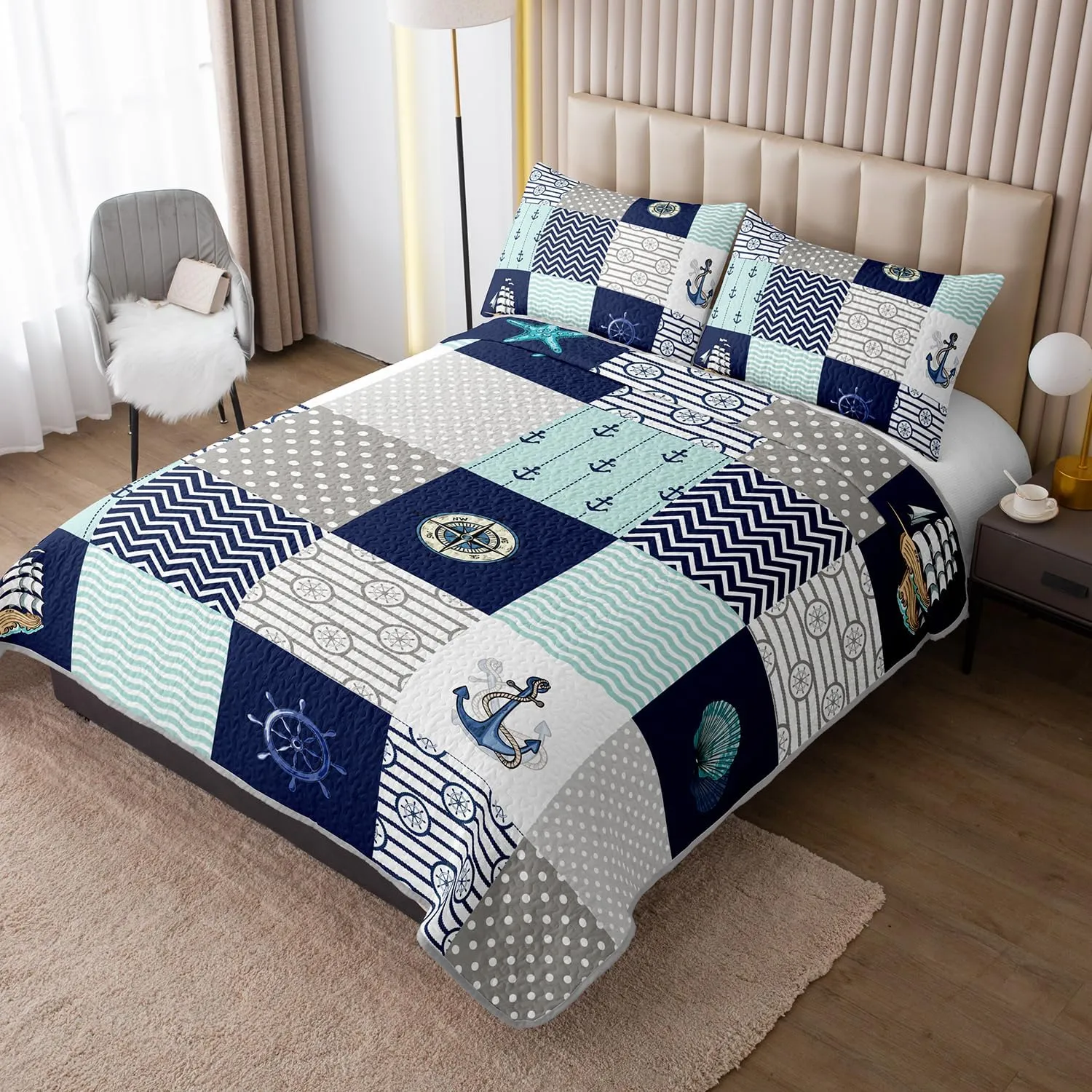 HOSIMA Nautical Quilts Queen Size,Plaid Patchwork Ocean Themed Bedding Sailboat and Anchor Print Coastal Bedding for Bedroom Nautical Decor,Navy Blue with 2 Pillowcases.