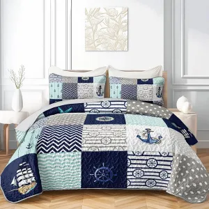 HOSIMA Nautical Quilts Queen Size,Plaid Patchwork Ocean Themed Bedding Sailboat and Anchor Print Coastal Bedding for Bedroom Nautical Decor,Navy Blue with 2 Pillowcases.