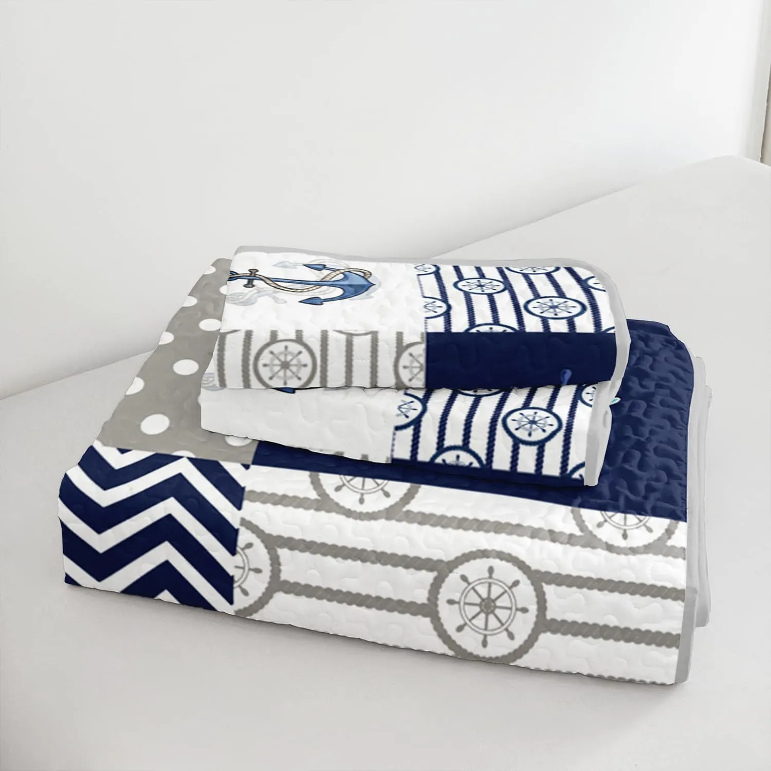 HOSIMA Nautical Quilts Queen Size,Plaid Patchwork Ocean Themed Bedding Sailboat and Anchor Print Coastal Bedding for Bedroom Nautical Decor,Navy Blue with 2 Pillowcases.
