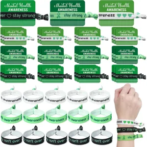 Hotop 48 Sets Mental Health Awareness Hair Tie with Card, Elastic Knotted Hairbands Bracelet Mental Health Gifts for Women Girl Green Awareness Prevention Fundraising Charity Events Supplies