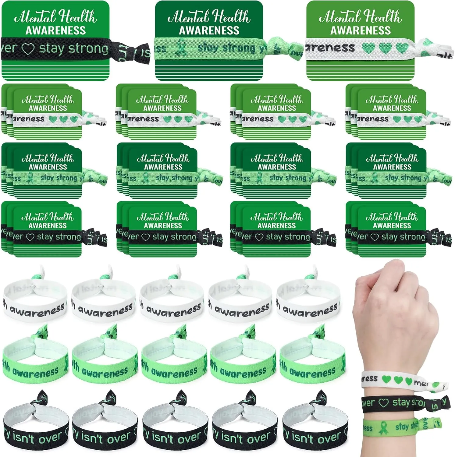 Hotop 48 Sets Mental Health Awareness Hair Tie with Card, Elastic Knotted Hairbands Bracelet Mental Health Gifts for Women Girl Green Awareness Prevention Fundraising Charity Events Supplies