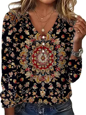 HOTYD Women's Boho Floral Print Blouses for Women Dressy Casual Button Cute Blouse V Neck Long Sleeve Shirts Tunic Tops