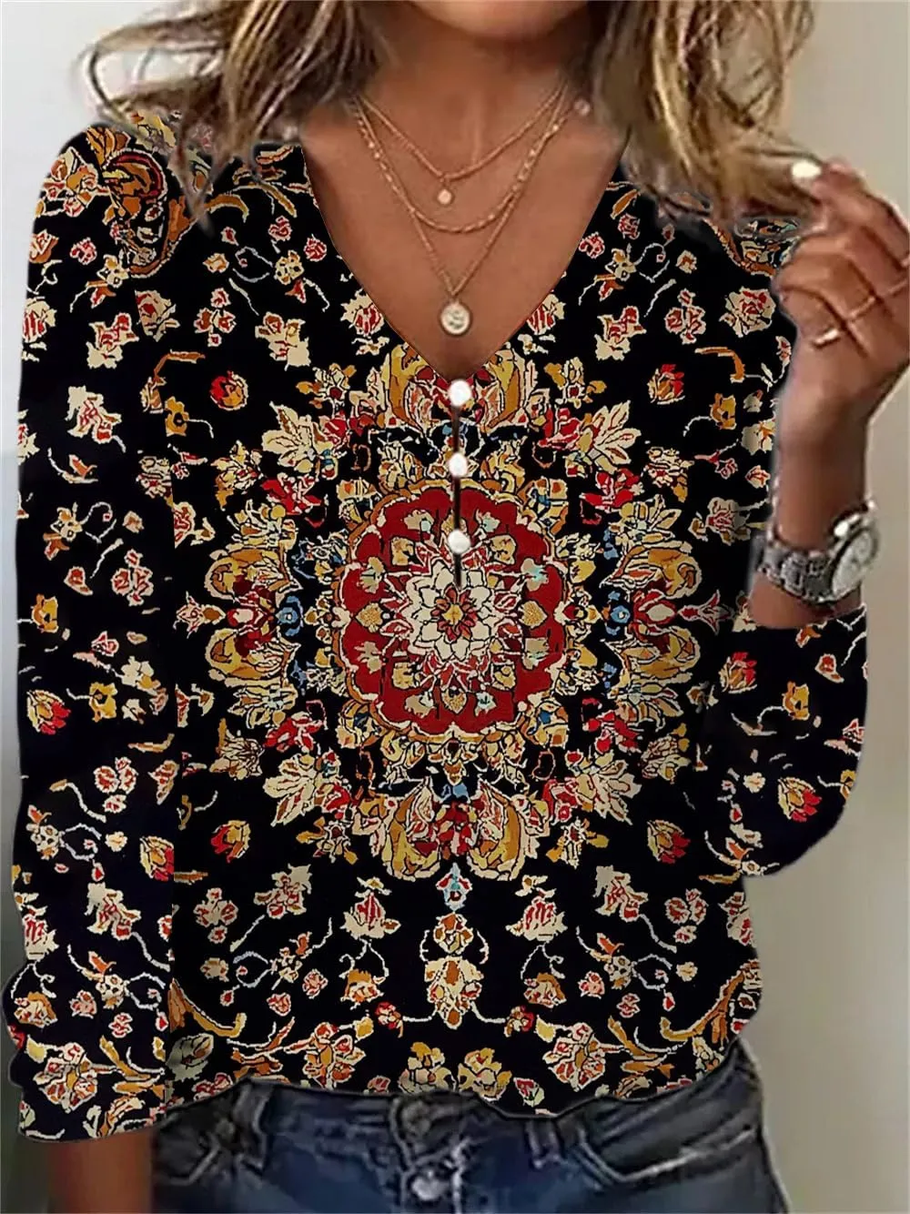 HOTYD Women's Boho Floral Print Blouses for Women Dressy Casual Button Cute Blouse V Neck Long Sleeve Shirts Tunic Tops