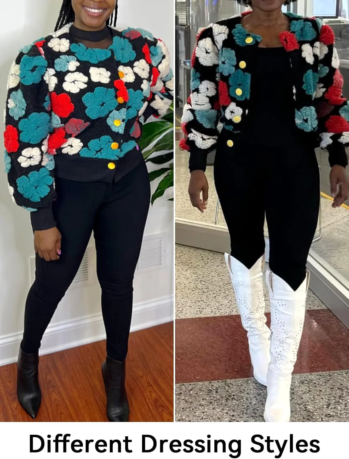 HOULENGS Women's Cropped Floral Print Fleece Bomber Jacket Casual Puff Sleeve Button Down Coats Winter Warm Outerwears