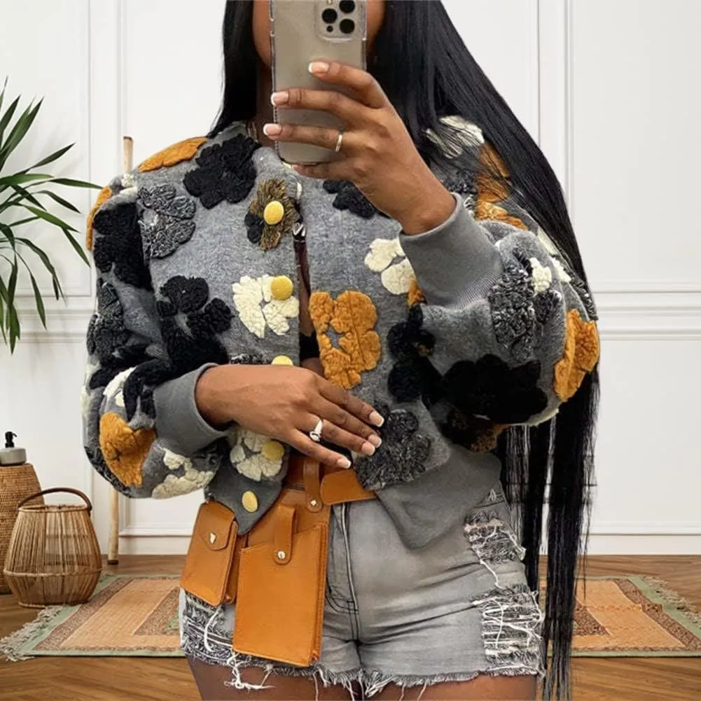 HOULENGS Women's Cropped Floral Print Fleece Bomber Jacket Casual Puff Sleeve Button Down Coats Winter Warm Outerwears