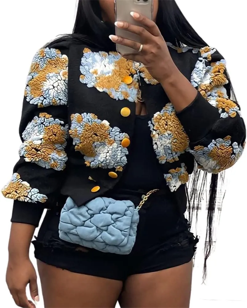 HOULENGS Women's Cropped Floral Print Fleece Bomber Jacket Casual Puff Sleeve Button Down Coats Winter Warm Outerwears