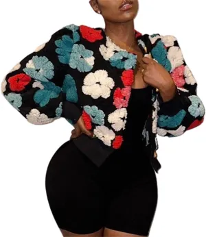 HOULENGS Women's Cropped Floral Print Fleece Bomber Jacket Casual Puff Sleeve Button Down Coats Winter Warm Outerwears