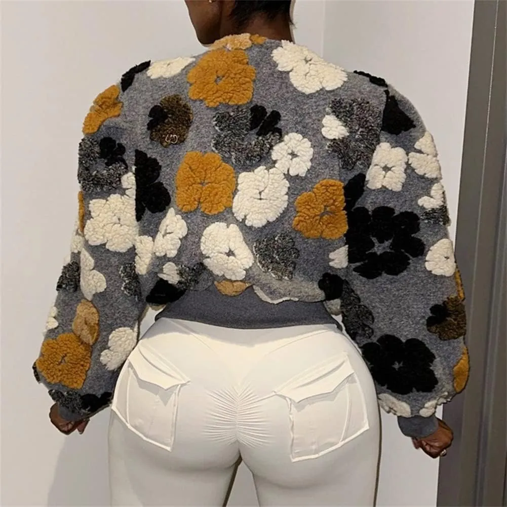 HOULENGS Women's Cropped Floral Print Fleece Bomber Jacket Casual Puff Sleeve Button Down Coats Winter Warm Outerwears