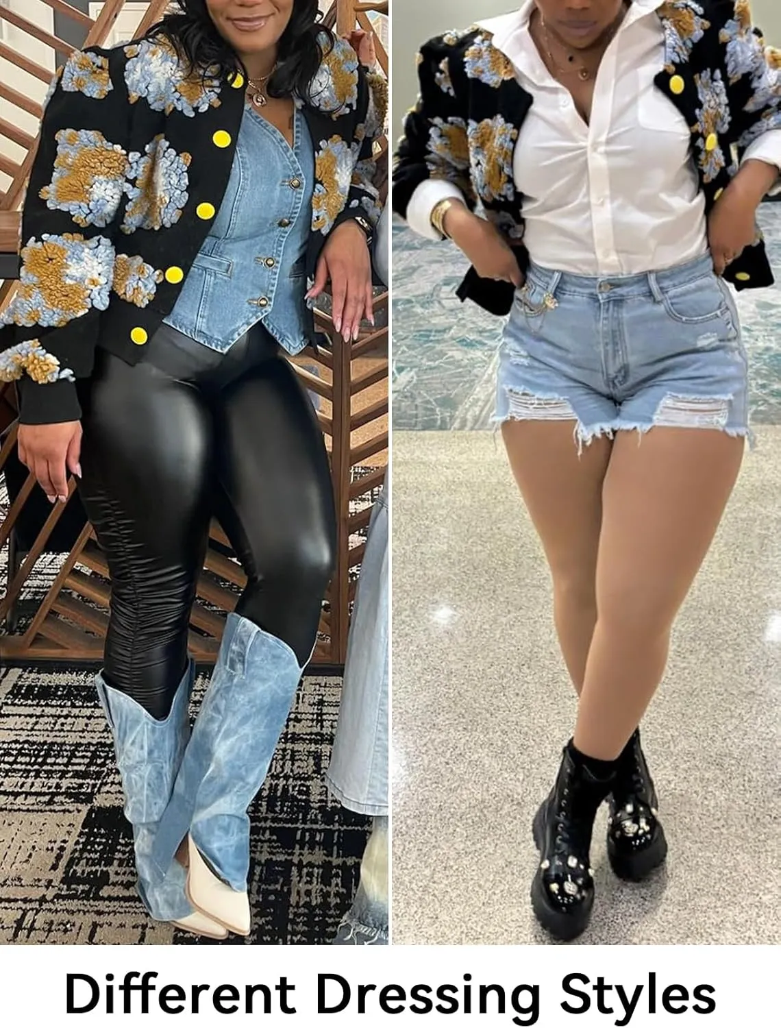 HOULENGS Women's Cropped Floral Print Fleece Bomber Jacket Casual Puff Sleeve Button Down Coats Winter Warm Outerwears