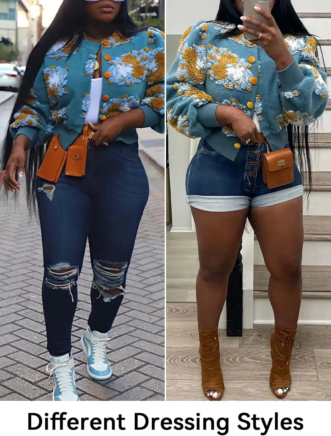 HOULENGS Women's Cropped Floral Print Fleece Bomber Jacket Casual Puff Sleeve Button Down Coats Winter Warm Outerwears