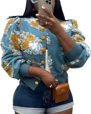 HOULENGS Women's Cropped Floral Print Fleece Bomber Jacket Casual Puff Sleeve Button Down Coats Winter Warm Outerwears