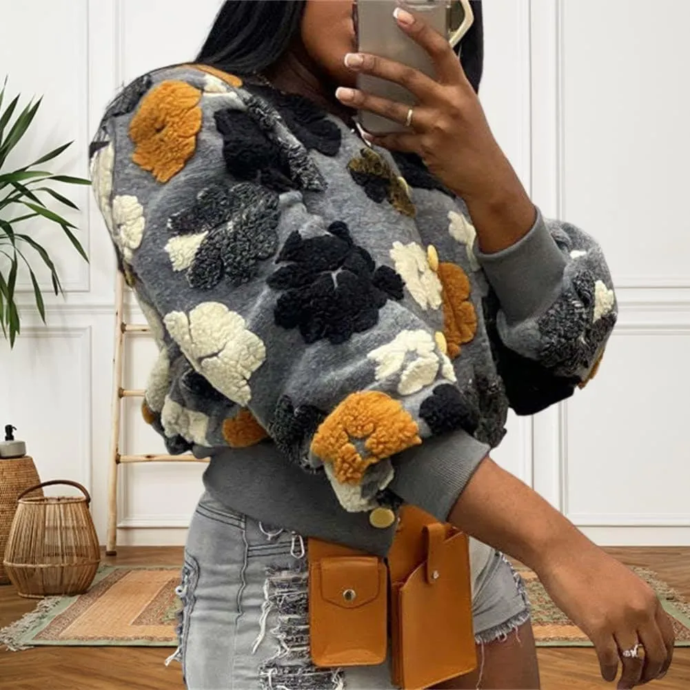 HOULENGS Women's Cropped Floral Print Fleece Bomber Jacket Casual Puff Sleeve Button Down Coats Winter Warm Outerwears