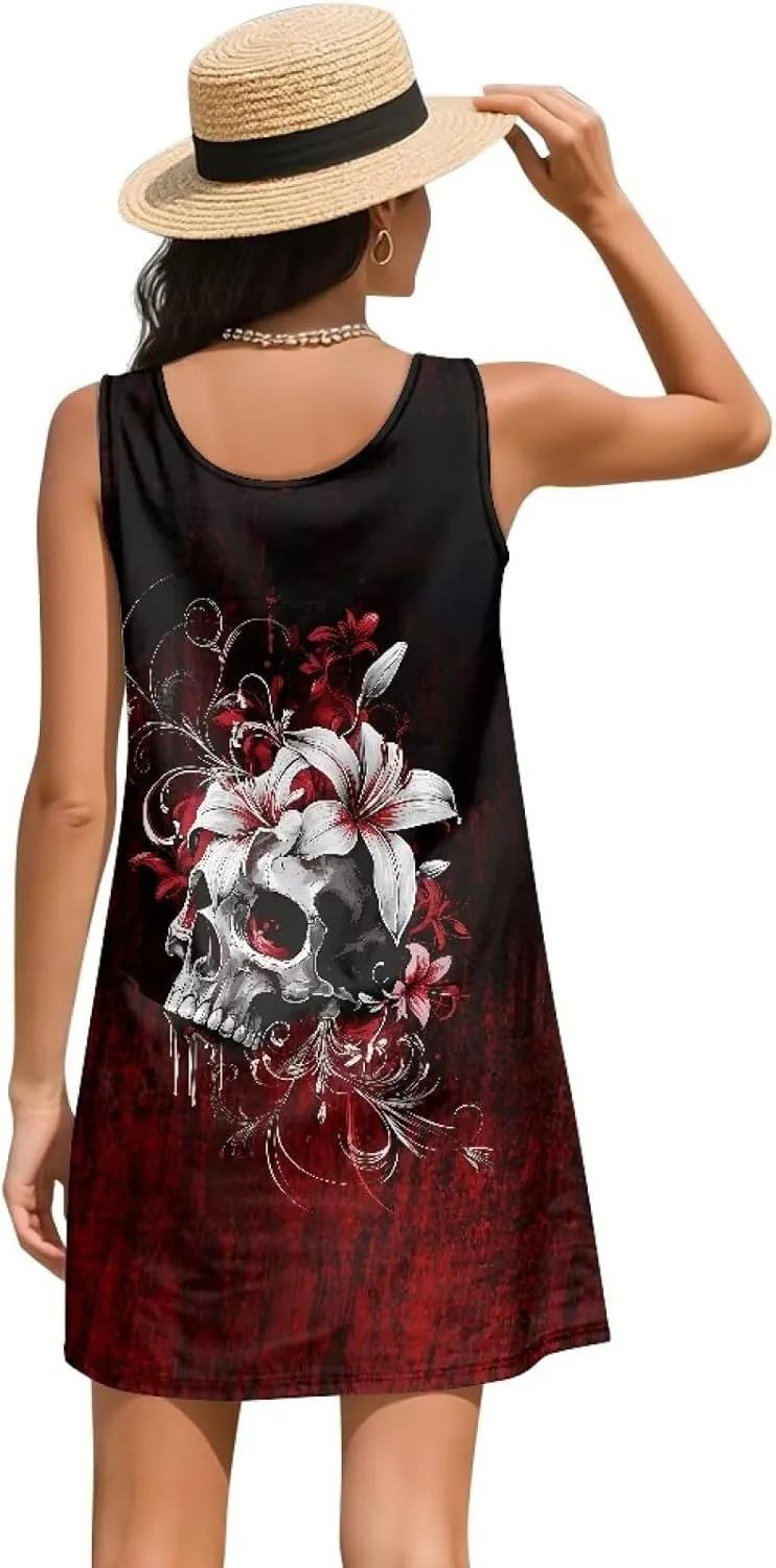 Howilath Summer Dresses for Women Casual O Neck Sleeveless T-Shirt Dress Flowy Swing Smock Mini Sundress XS-2XL