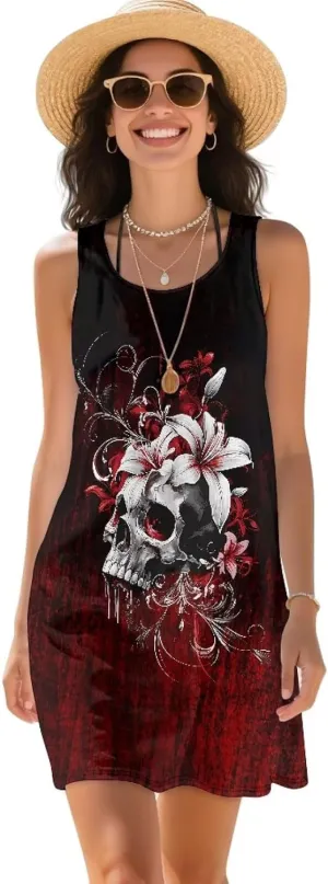 Howilath Summer Dresses for Women Casual O Neck Sleeveless T-Shirt Dress Flowy Swing Smock Mini Sundress XS-2XL