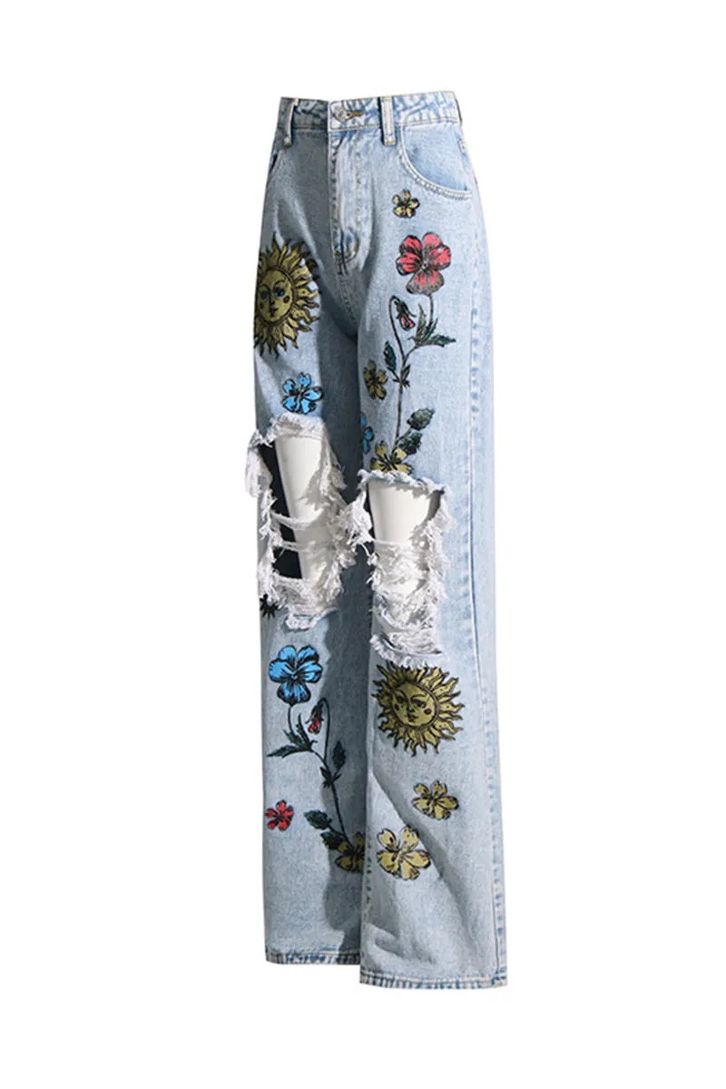 HPQ1054 Floral Ripped Pants