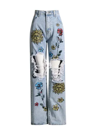 HPQ1054 Floral Ripped Pants