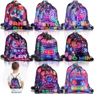 Huhumy 16 Pcs Video Game Party Favor Neon Game Drawstring Bags 12 x 10 Inch Video Theme Gifts Goodie Treat Candy Bags Party Supplies for Boys Girls for Kid Birthday