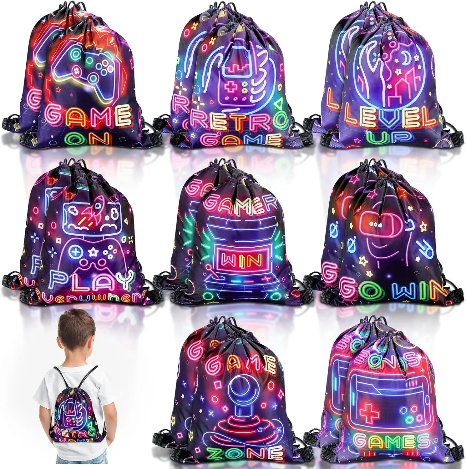 Huhumy 16 Pcs Video Game Party Favor Neon Game Drawstring Bags 12 x 10 Inch Video Theme Gifts Goodie Treat Candy Bags Party Supplies for Boys Girls for Kid Birthday
