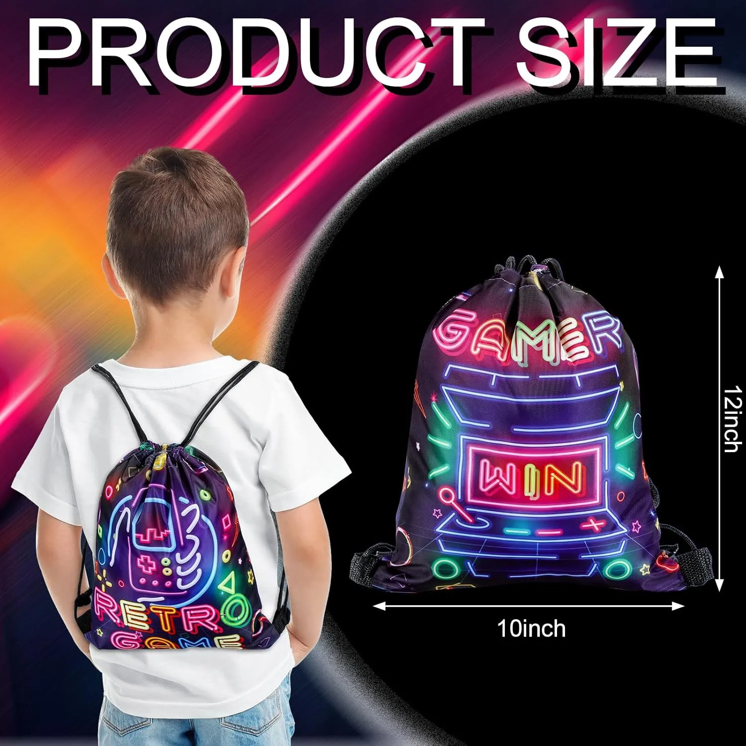 Huhumy 16 Pcs Video Game Party Favor Neon Game Drawstring Bags 12 x 10 Inch Video Theme Gifts Goodie Treat Candy Bags Party Supplies for Boys Girls for Kid Birthday