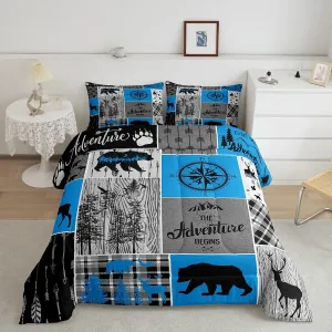 Hunting Deer Bear Comforter Set For Boys, Retro Rustic Farmhouse Bedding Cabin Lodge Decor, Vintage Woodland Animal Quilt Queen, Adventure Camping Patchwork Down Comforter, 2 Pillow Cases, Blue Grey