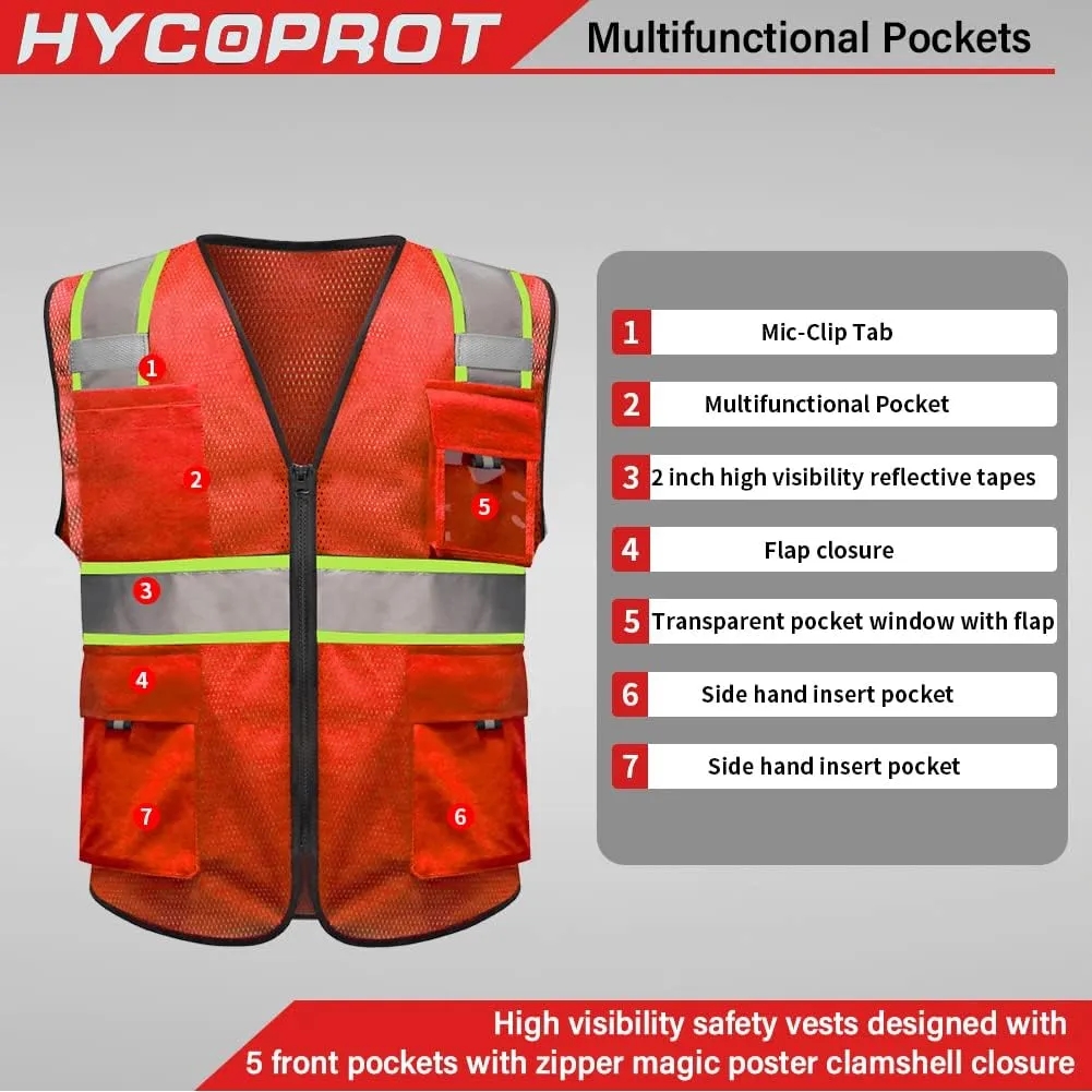 HYCOPROT High Visibility Mesh Safety Reflective Vest with Pockets and Zipper, Meets ANSI/ISEA Standards