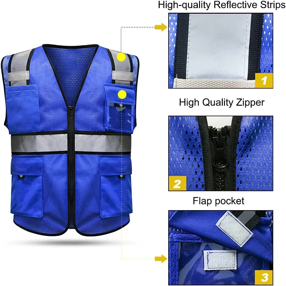 HYCOPROT High Visibility Mesh Safety Reflective Vest with Pockets and Zipper, Meets ANSI/ISEA Standards