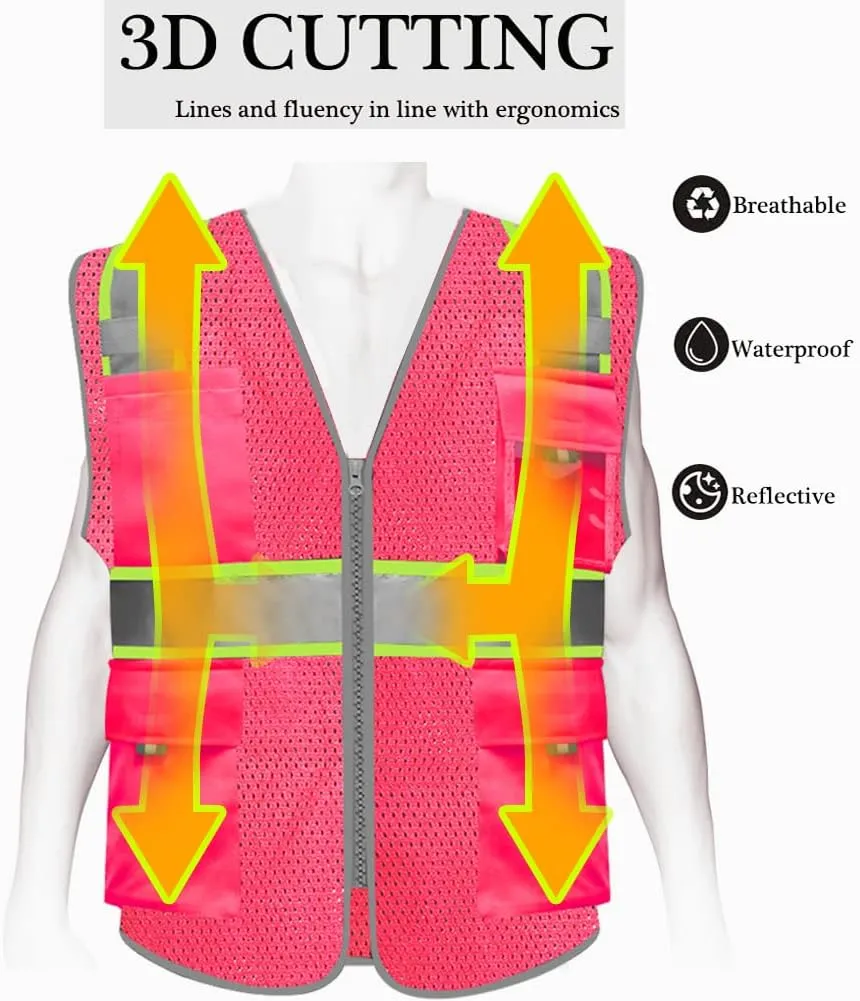 HYCOPROT High Visibility Mesh Safety Reflective Vest with Pockets and Zipper, Meets ANSI/ISEA Standards