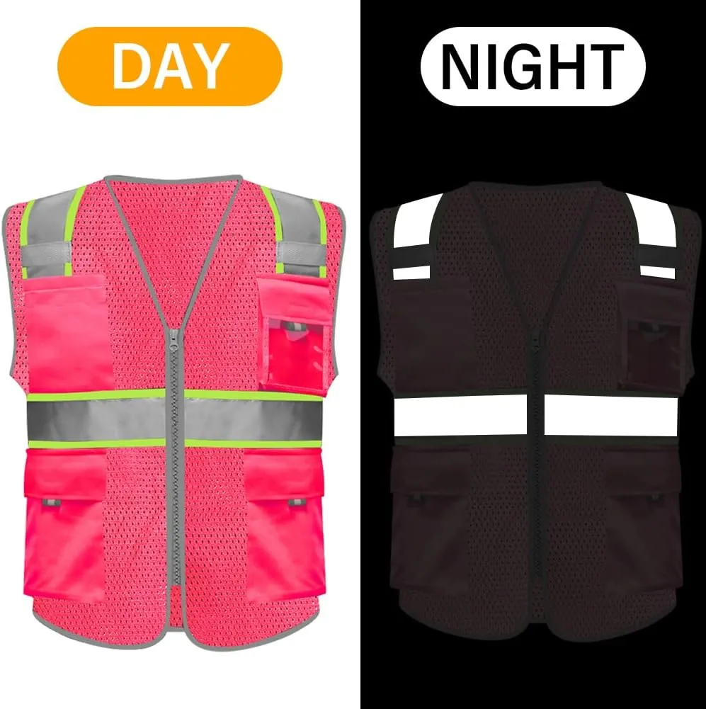 HYCOPROT High Visibility Mesh Safety Reflective Vest with Pockets and Zipper, Meets ANSI/ISEA Standards