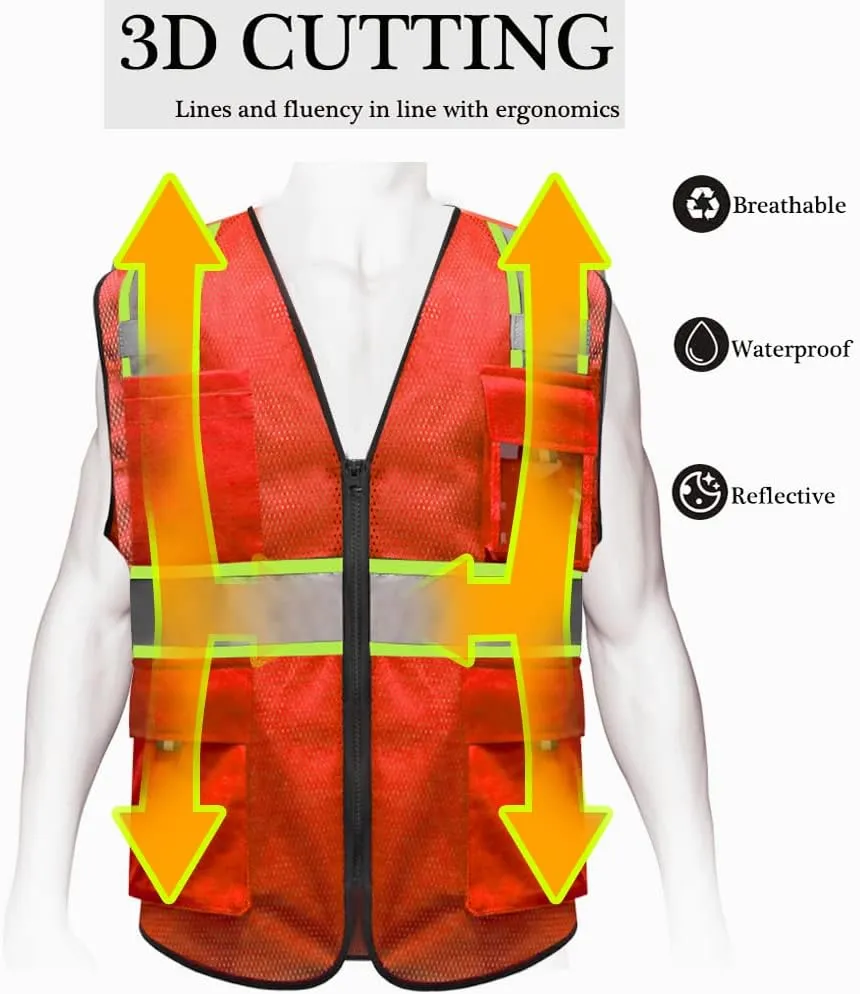 HYCOPROT High Visibility Mesh Safety Reflective Vest with Pockets and Zipper, Meets ANSI/ISEA Standards