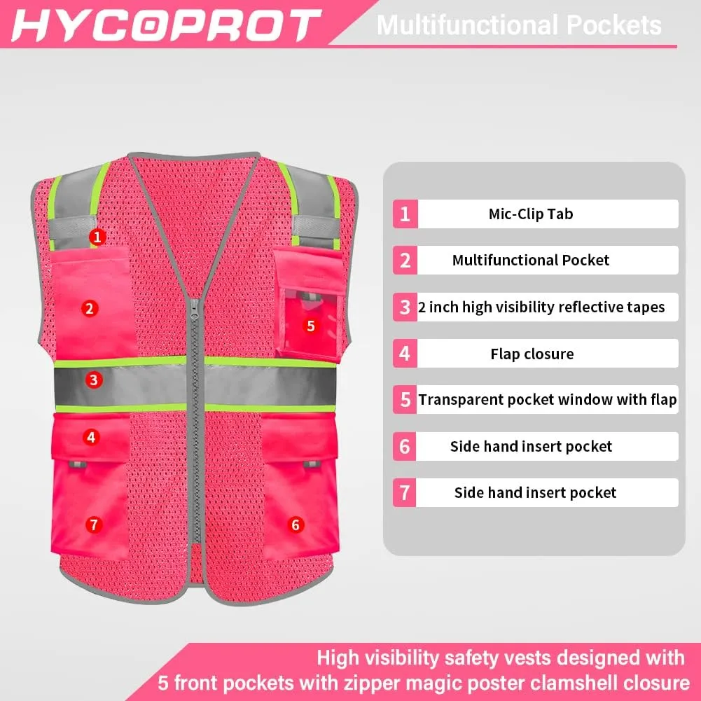 HYCOPROT High Visibility Mesh Safety Reflective Vest with Pockets and Zipper, Meets ANSI/ISEA Standards