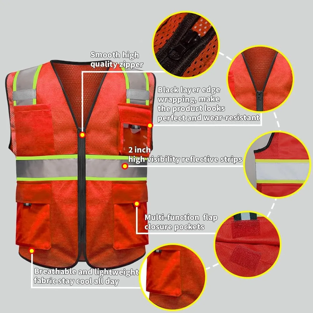 HYCOPROT High Visibility Mesh Safety Reflective Vest with Pockets and Zipper, Meets ANSI/ISEA Standards