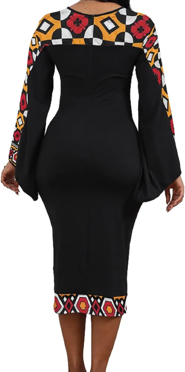 IbuduSexy African Dresses for Women African Tribal Print Patchwork African Clothing Bodycon Dress