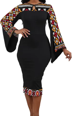 IbuduSexy African Dresses for Women African Tribal Print Patchwork African Clothing Bodycon Dress