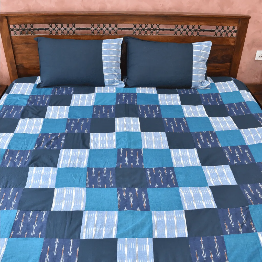 Ikat Patchwork Double Bedcover in Blue