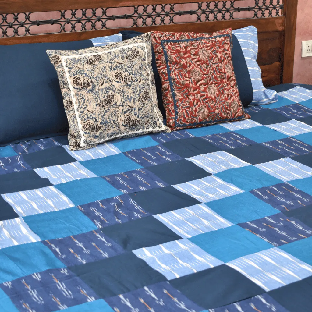 Ikat Patchwork Double Bedcover in Blue