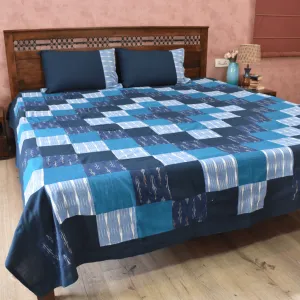 Ikat Patchwork Double Bedcover in Blue